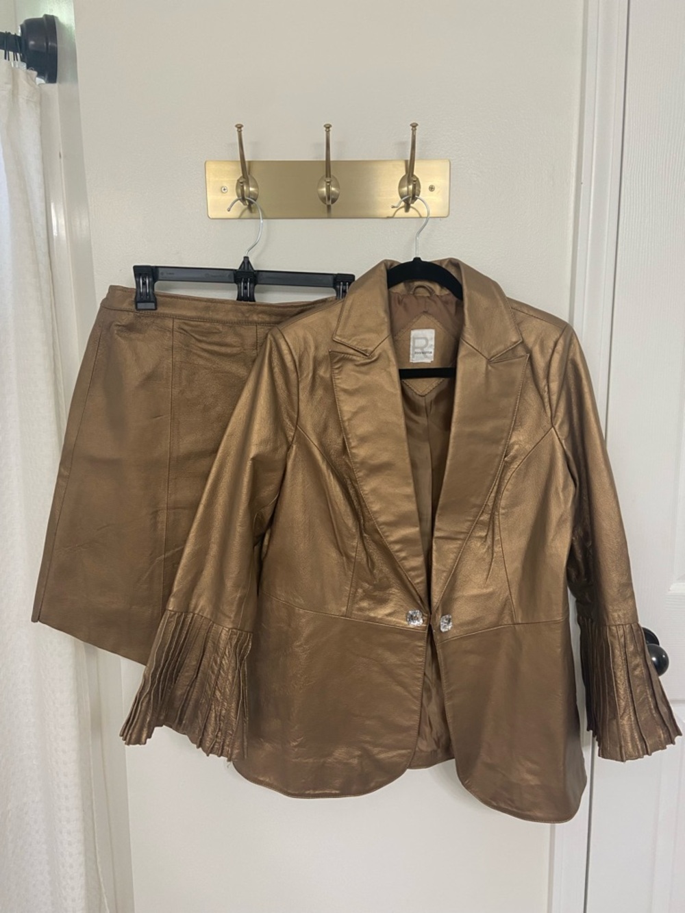 Roaman’s Vintage Bronze Metallic leather 2 Piece Skirt Suit Statement Piece